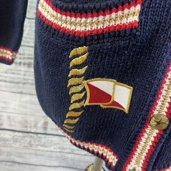 Vintage Karen Scott Cardigan Sweater size Small Red Blue Nautical Sailor Boating - Picture 7 of 10